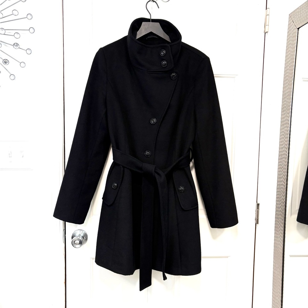 DKNY Long‎ Walker Coat Wool Blend Black Belted Lined Pockets Overcoat Trench 14